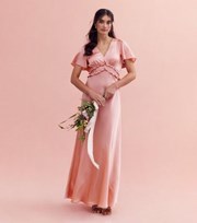 New Look Pink Satin Flutter Sleeve Ruffle Maxi Dress
